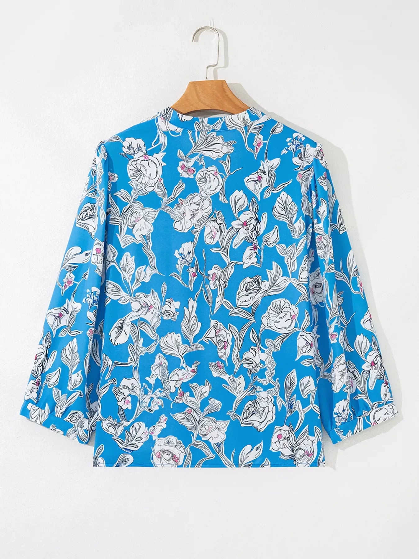Notched Floral Print 3/4 Puff Sleeve Blouse