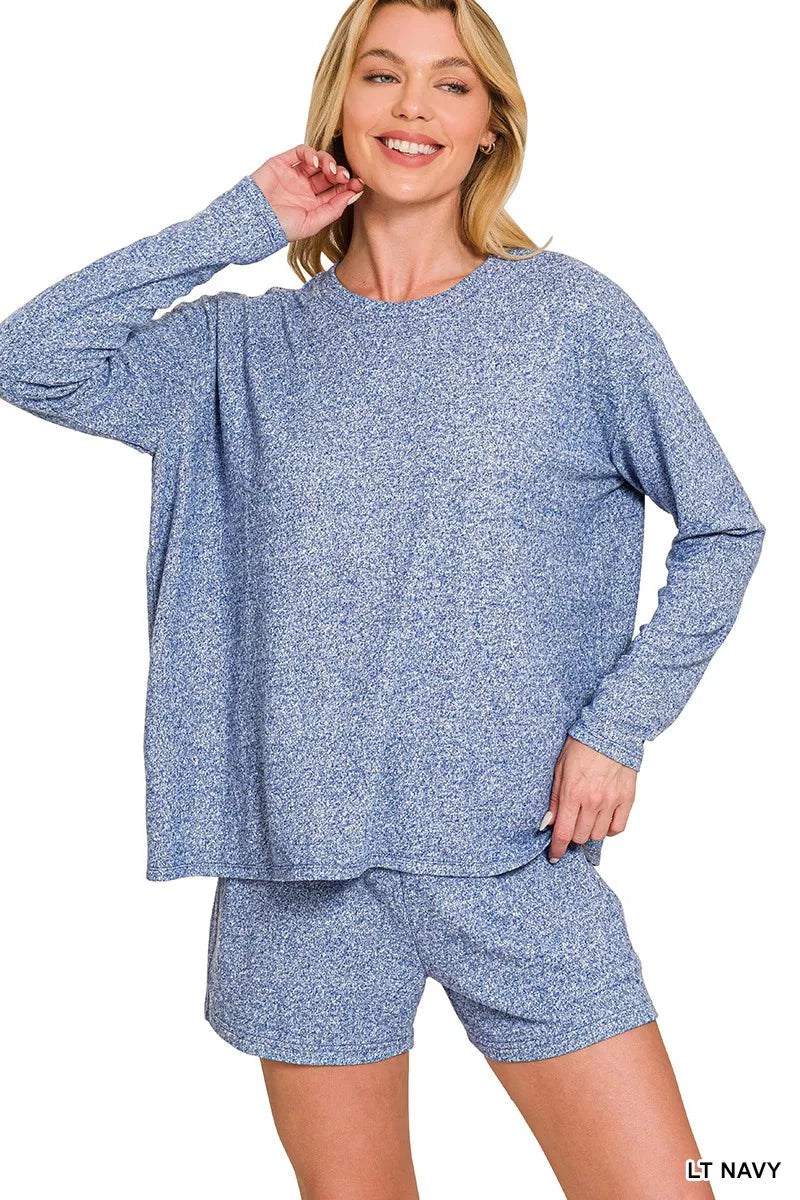 Zenana Soft Melange Long Sleeve Tee and Shorts Set