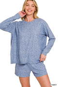 Zenana Soft Melange Long Sleeve Tee and Shorts Set