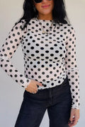 Polka Dot Mesh Long Sleeve Stand Neck Sheath Top