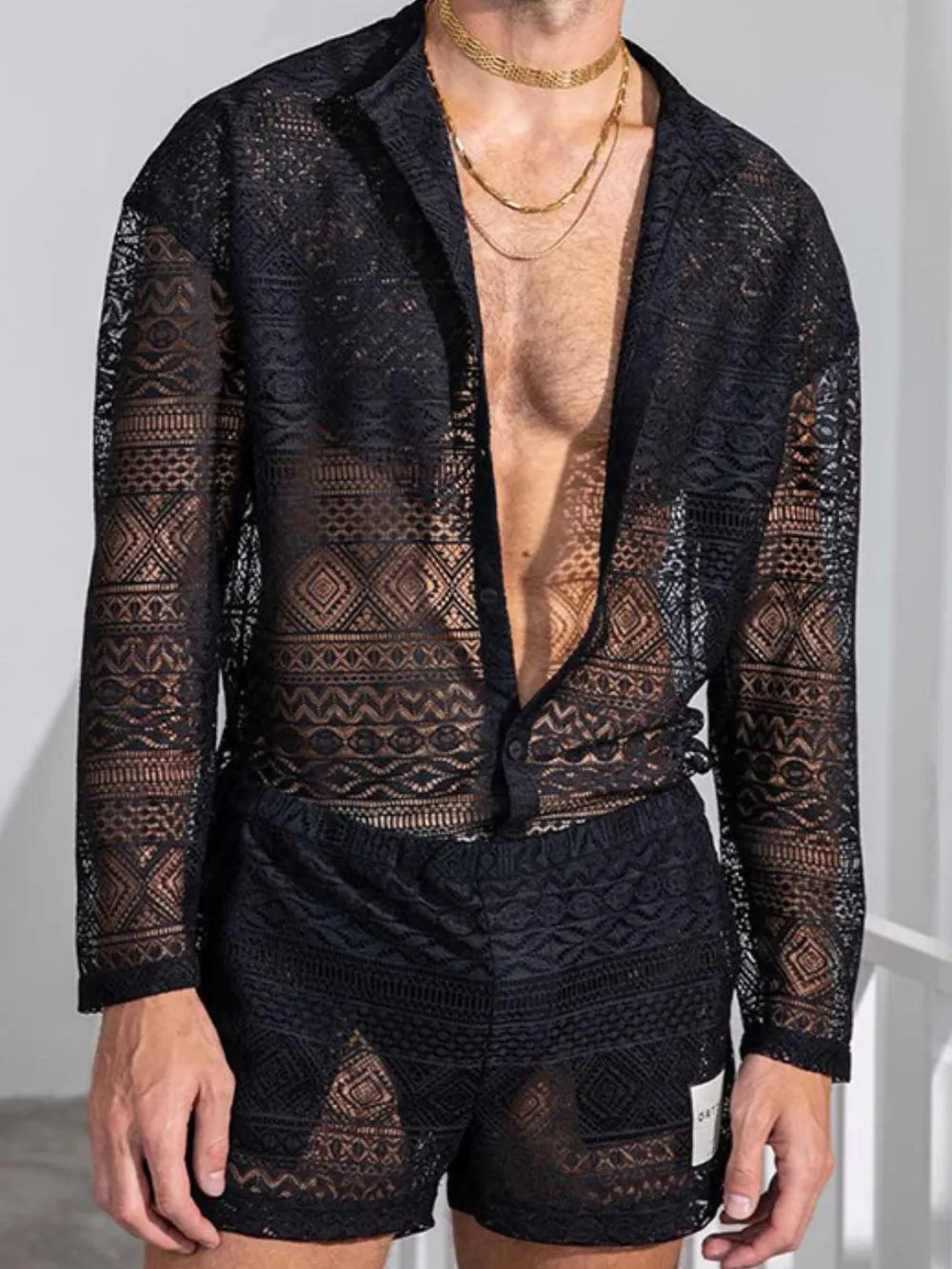Men's Full Size Lace Button Down Top and Shorts Set Plus Size