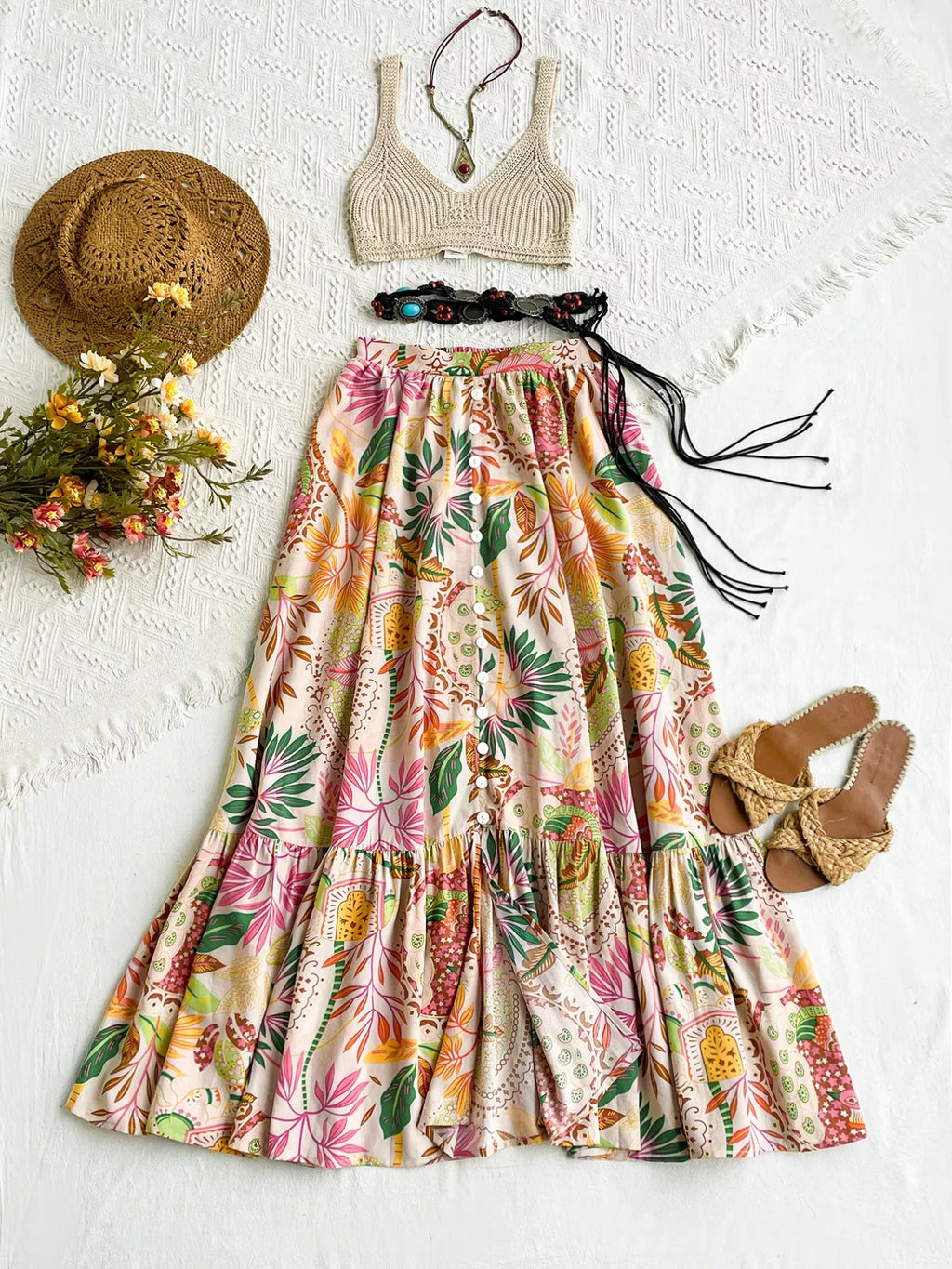 Floral Print Ruffle Hem Skirt