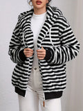 Striped Fuzzy Zip Up Hooded Outerwear