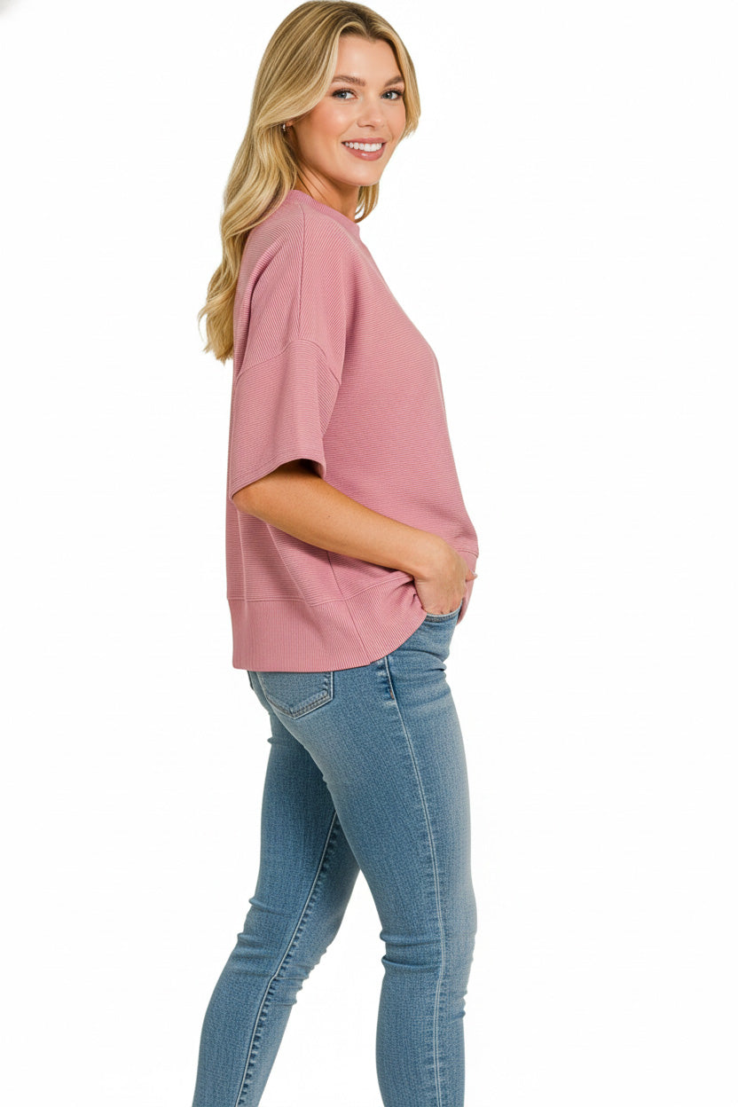 Zenana Ribbed Round Neck Waist Banded T-Shirt