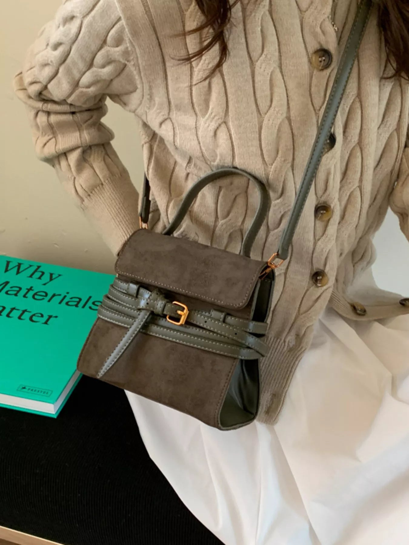 Suede Buckle Decor Crossbody Bag