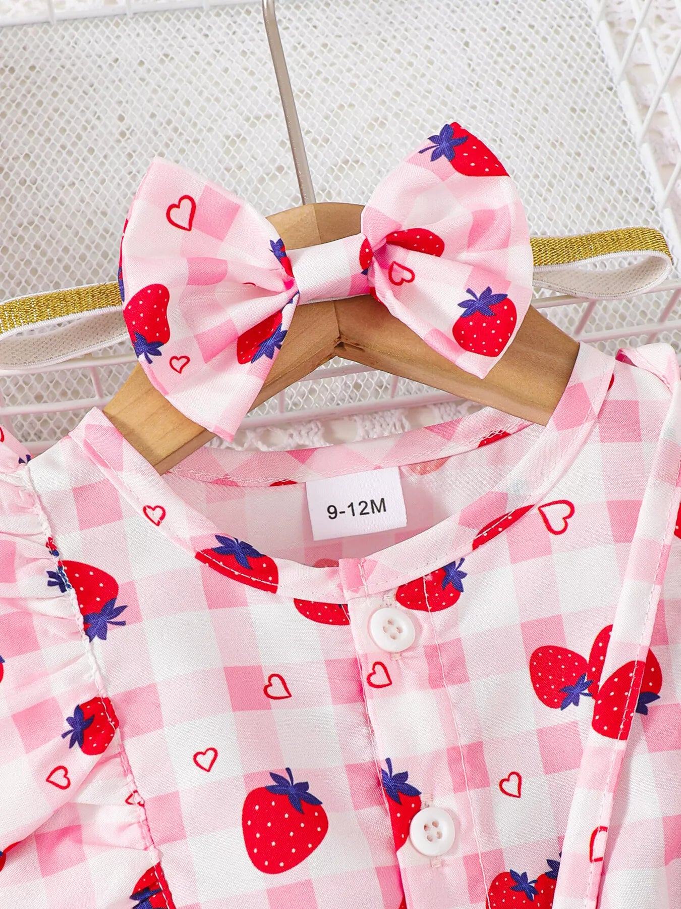 Children's Strawberry Print Ruffle Trim Jumpsuit & Headband Set