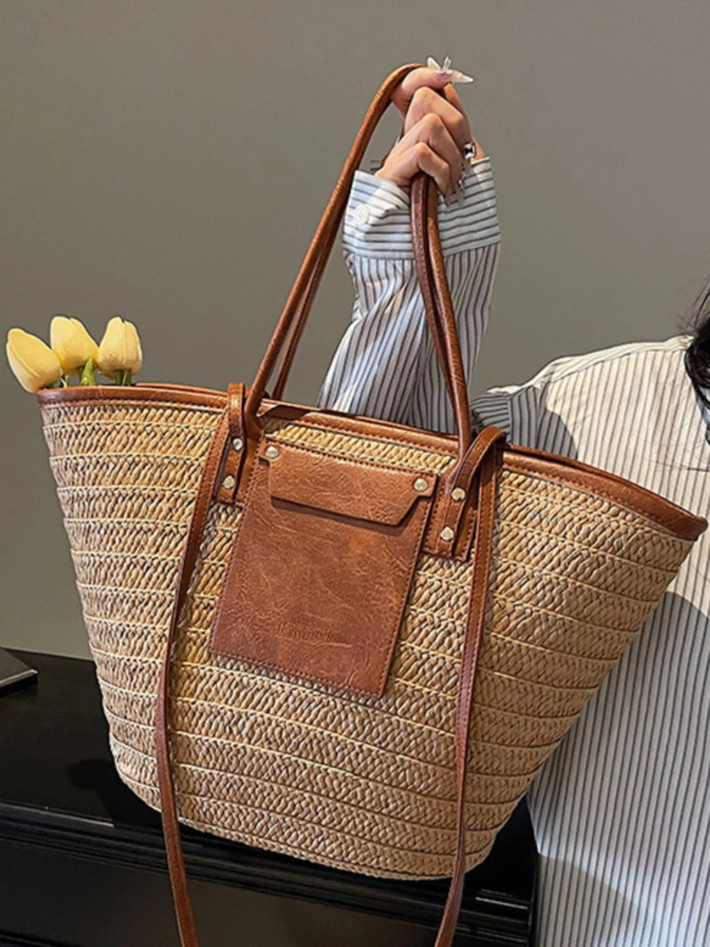 Straw Woven Shoulder Bag with Leather Accents