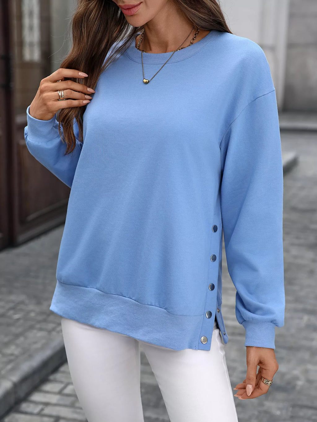 Side Snap Round Neck Sweatshirt