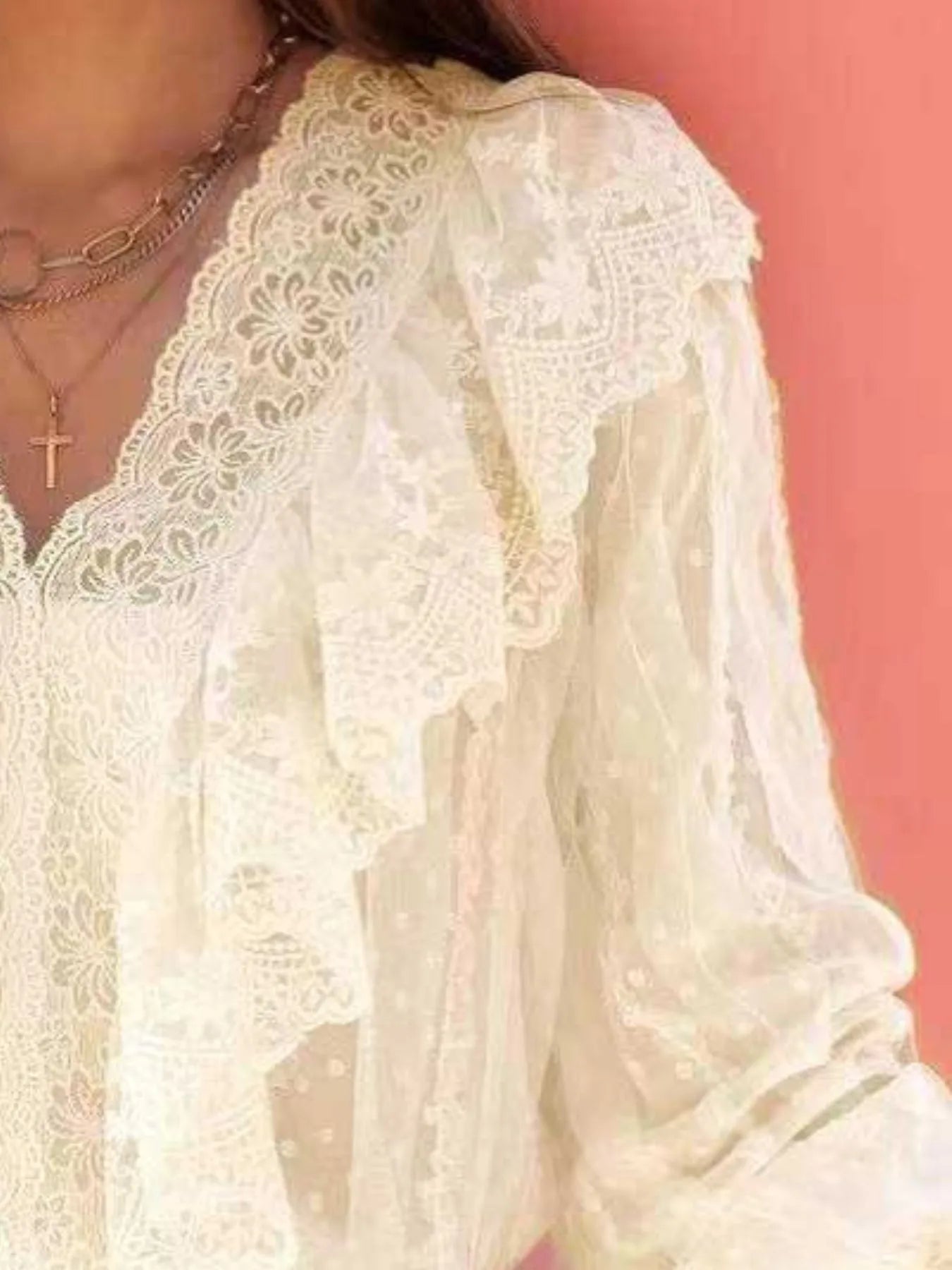 Lace Trim Ruffle V-Neck Long Sleeve Blouse