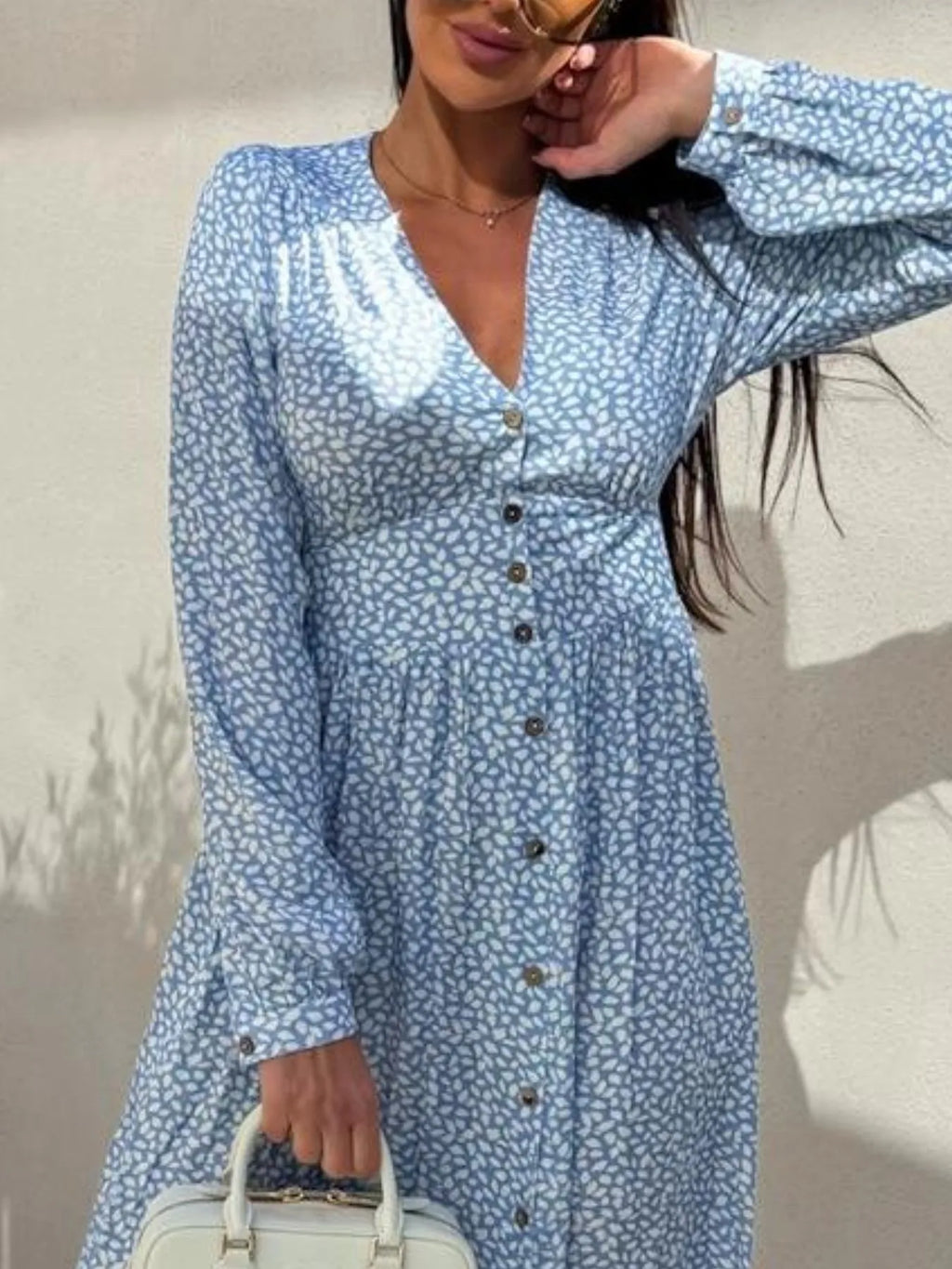 Floral Print Long Sleeve V-Neck Dress