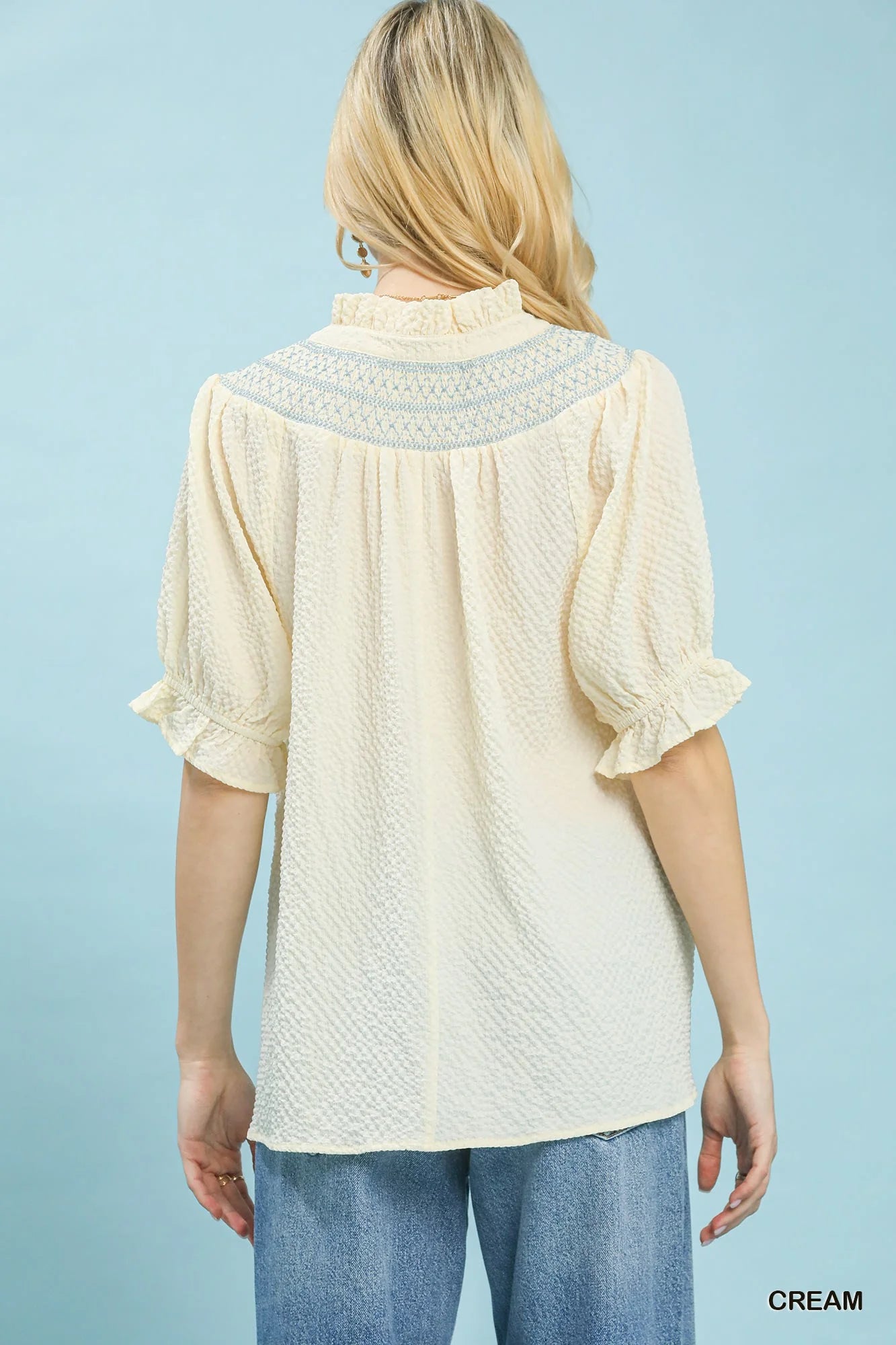Umgee Textured Henley Blouse with Ruffle Cuffs