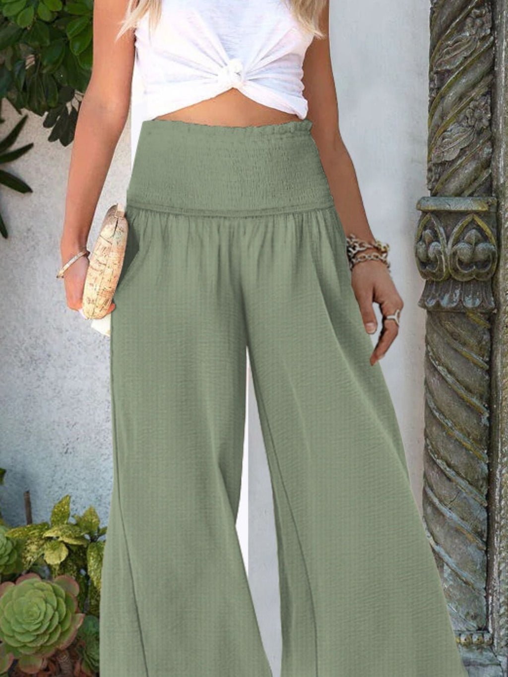 Wide-Leg Smocked Waist Pants