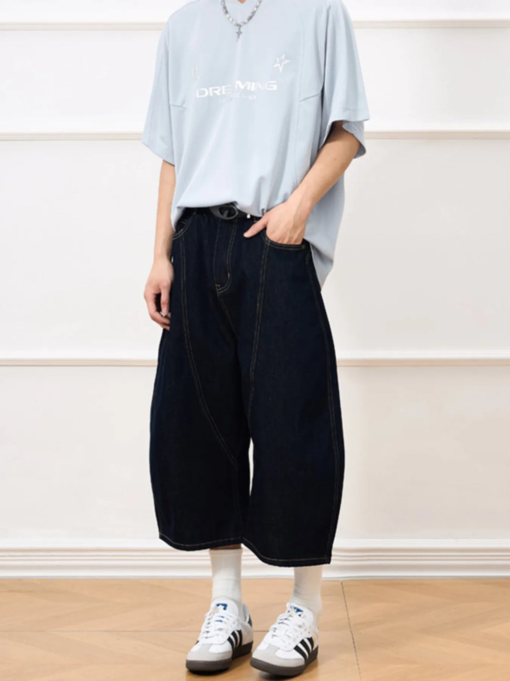 Men's Wide Leg Cropped Denim Shorts
