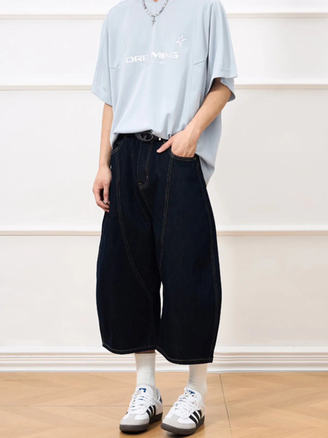 Men's Wide Leg Cropped Denim Shorts