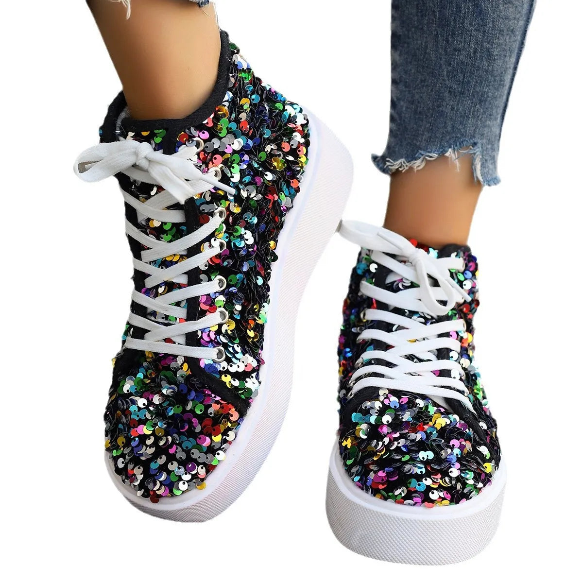Sequin Round Toe Platform Sneakers