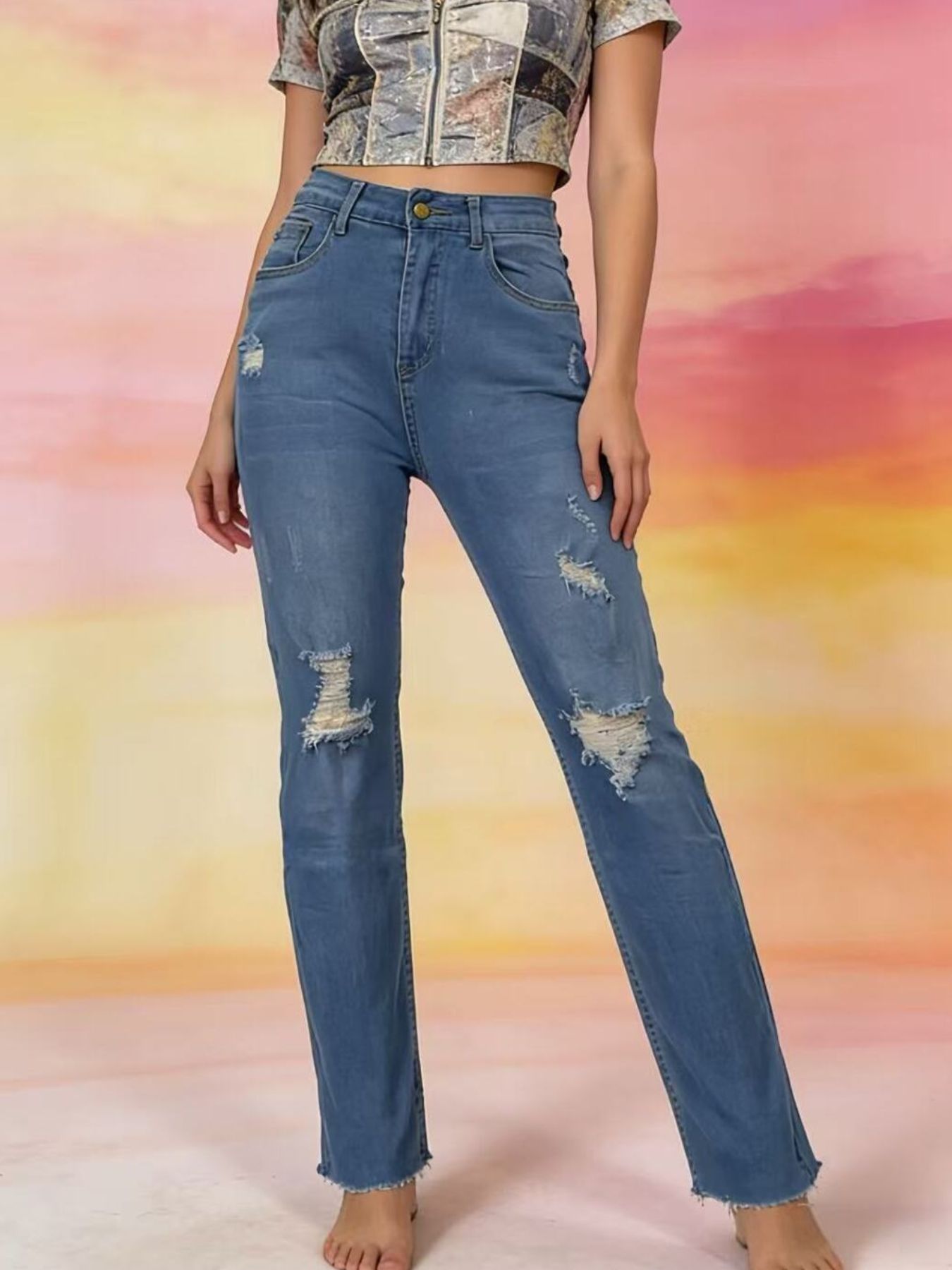 High-Waisted Distressed Jeans