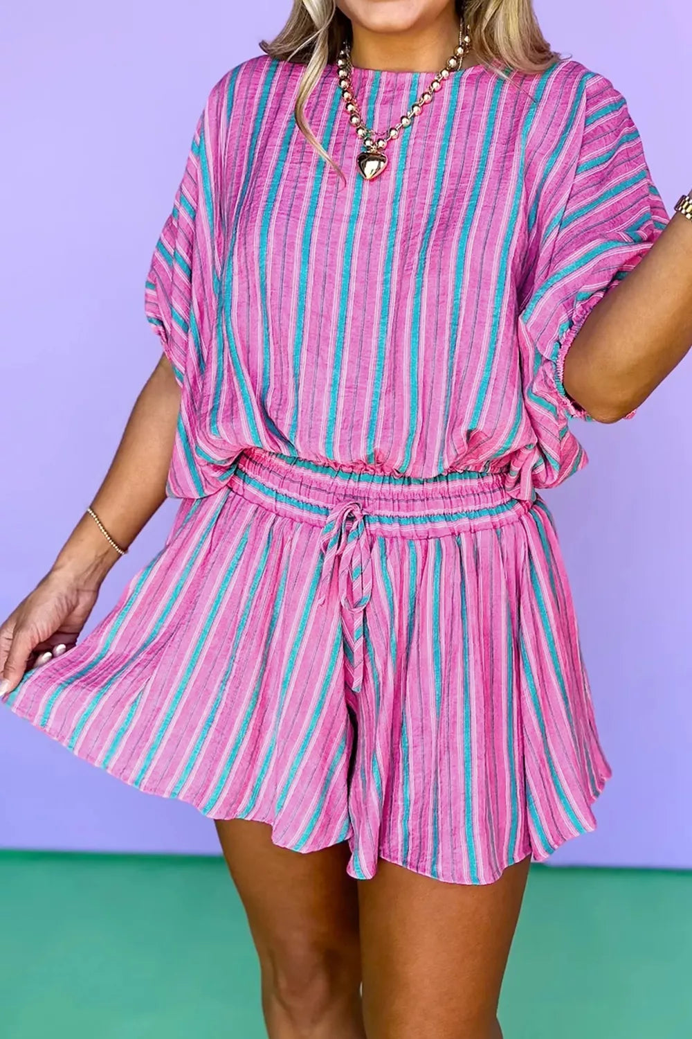 Stripe Dolman Short Sleeve Blouse Drawstring Elastic Waist Loose Short Set