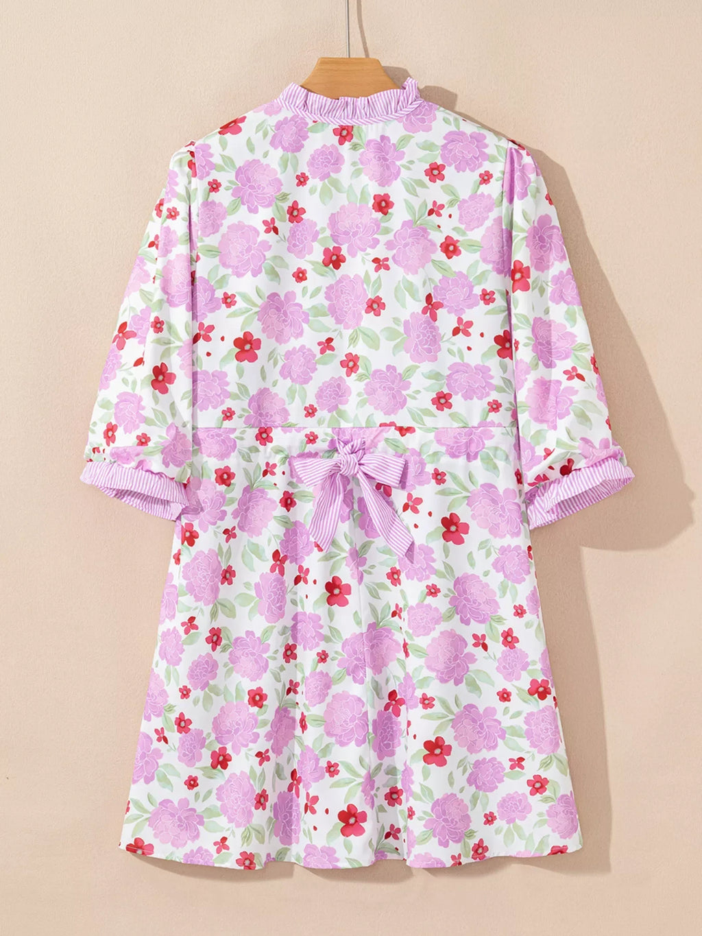 Floral Print Striped Trim Frilled Neck 3/4 Sleeve Flared Mini Dress