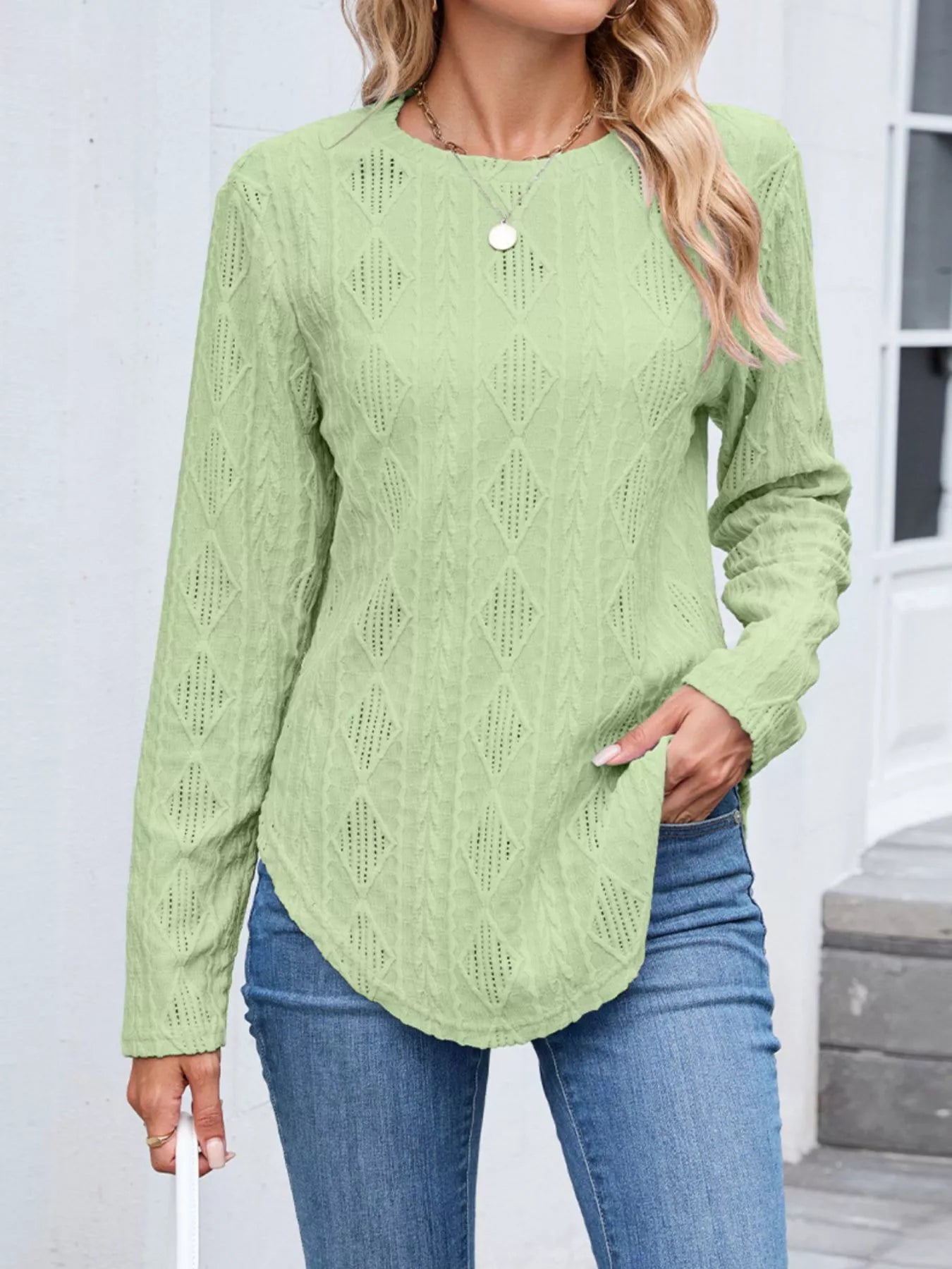 Openwork Textured Long Sleeve Top