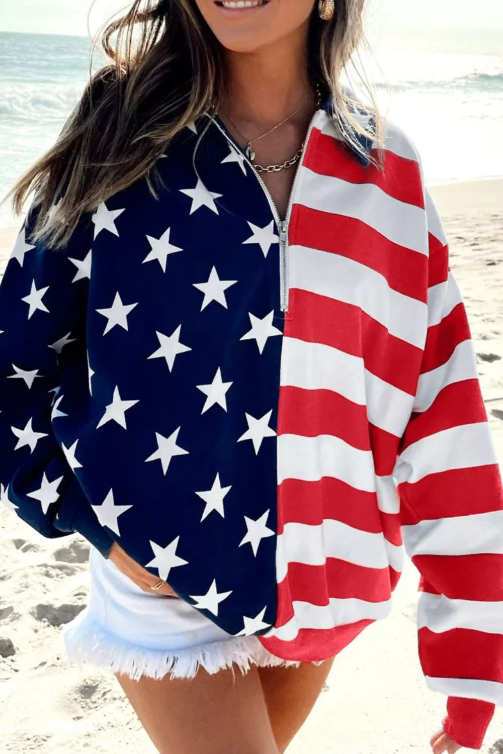 American Flag Print Half Zip Sweatshirt