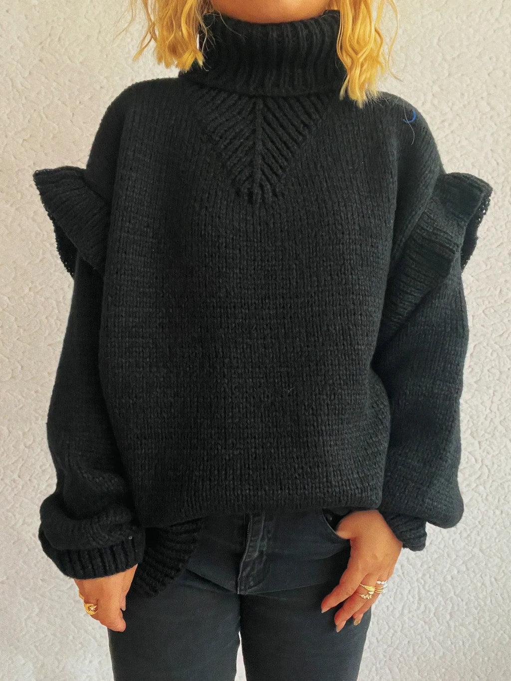 Ruffled Turtleneck Long Sleeve Sweater
