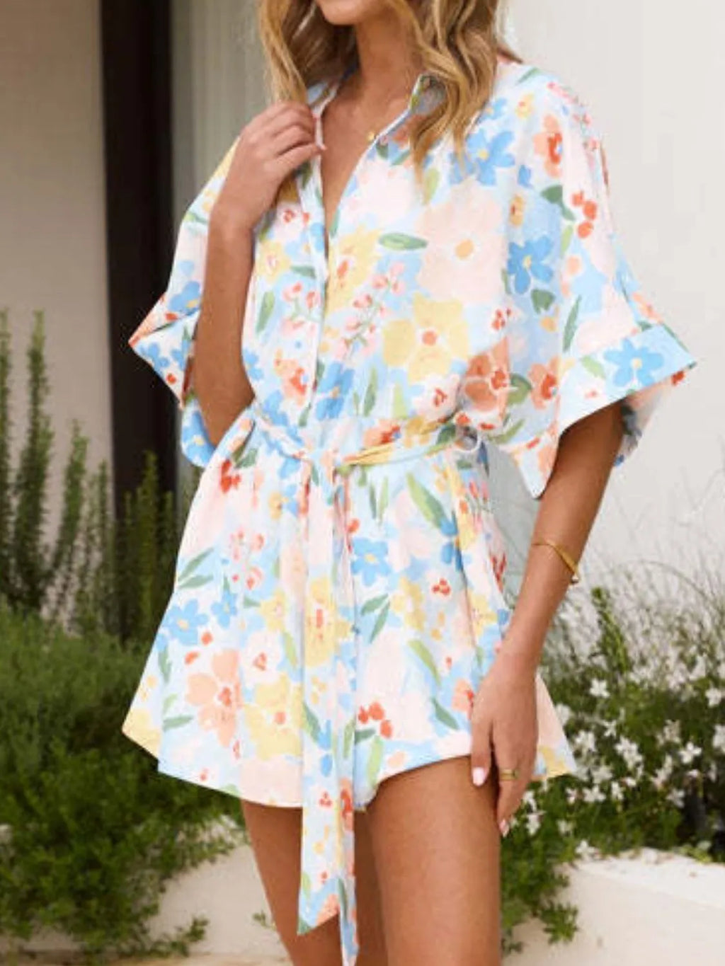 Printed Half Sleeve Tie Waist Romper