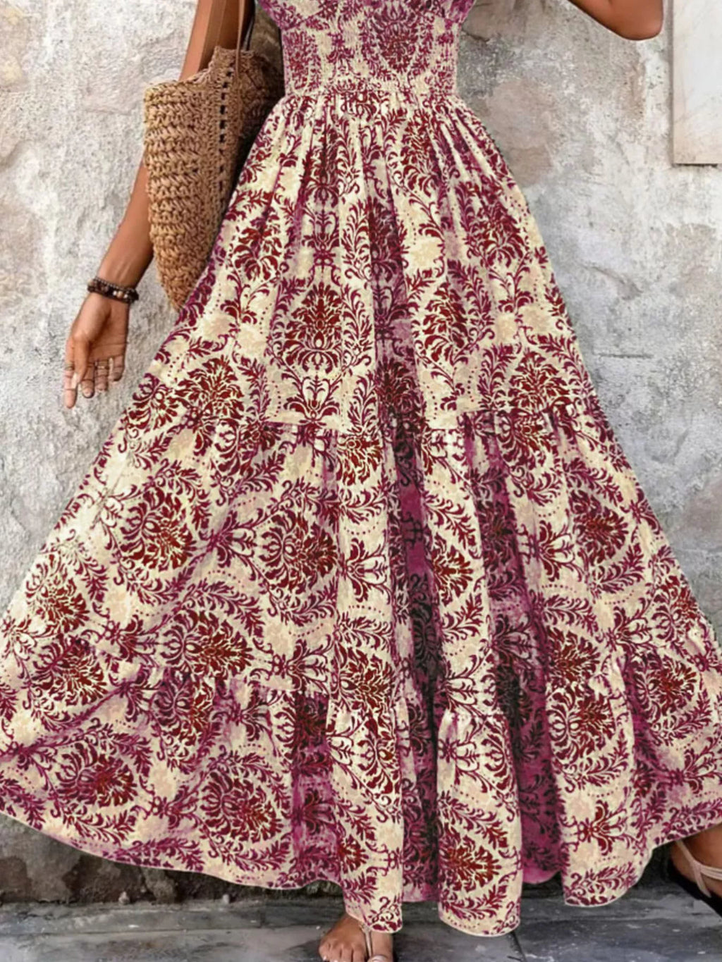Full Size Printed V-Neck Tiered Maxi Dress Plus Size