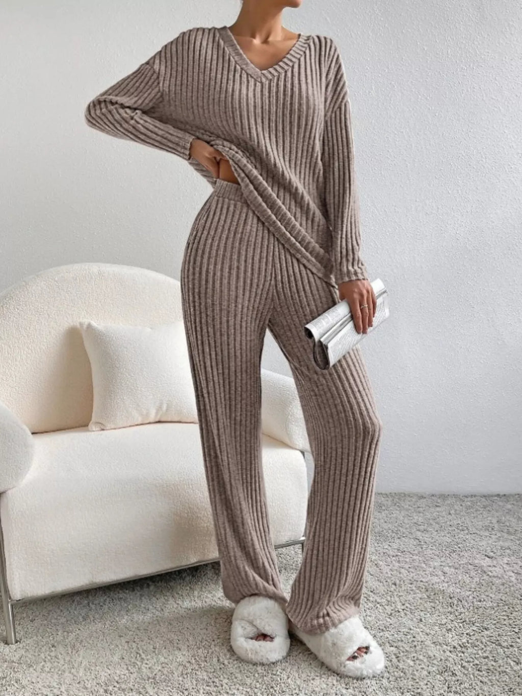 Ribbed Knit V-Neck Top and Pants Set