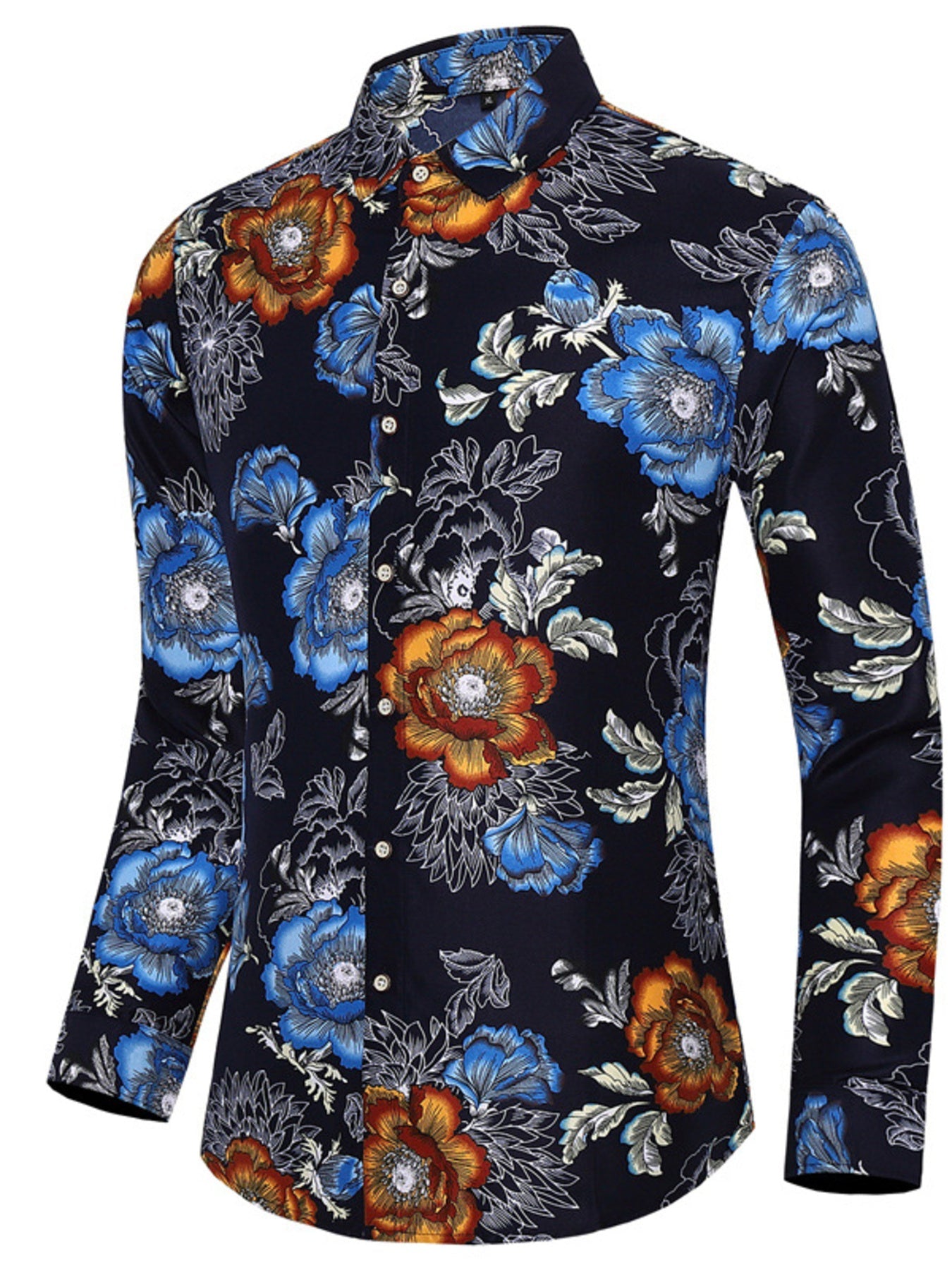 Men's Plus Size Floral Print Long Sleeve Button-Down Shirt