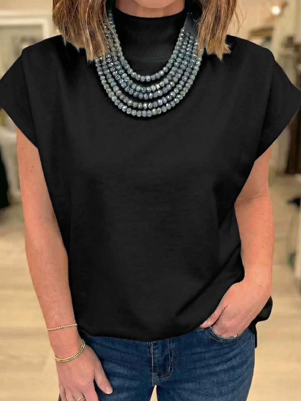 Mock Neck Cap Sleeve Blouse
