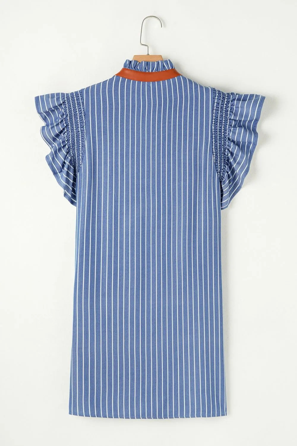 Stripe Frilly Split Neck Shirred Ruffle Sleeve Short Shift Dress
