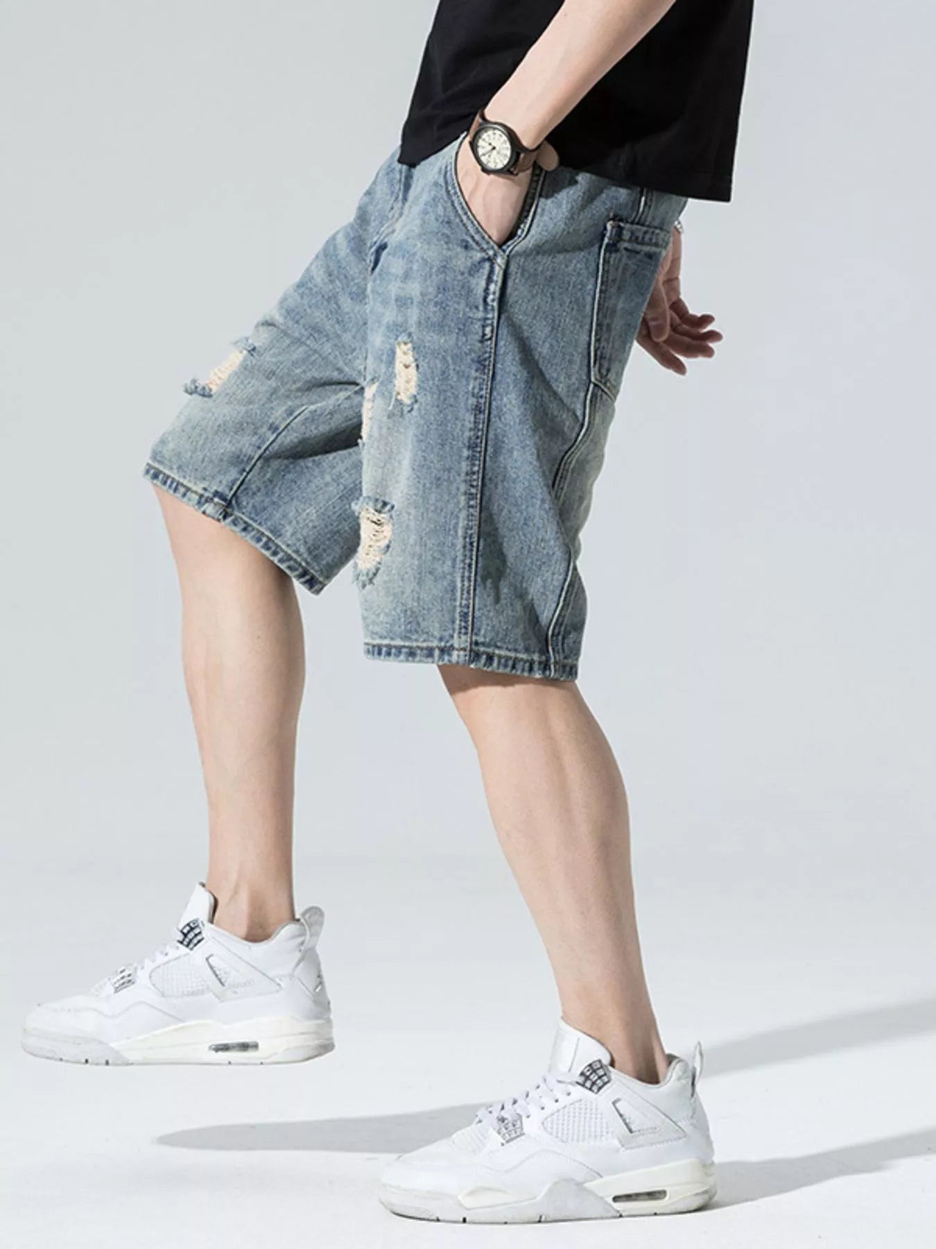Men's Distressed Wide Leg Denim Shorts