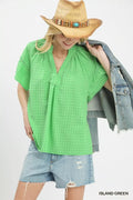 Umgee Gingham Puff Sleeve Top with Lace Trim
