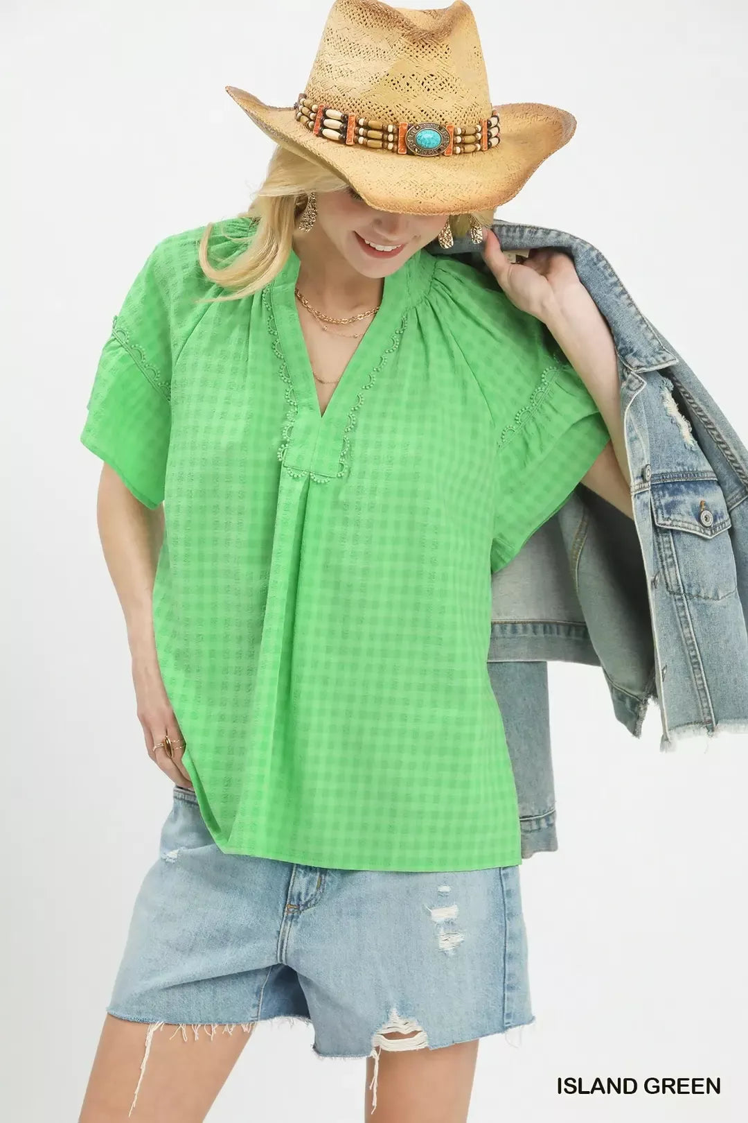Umgee Gingham Puff Sleeve Top with Lace Trim