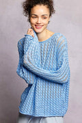 POL Openwork Round Neck Knit Top with Shiny Detail