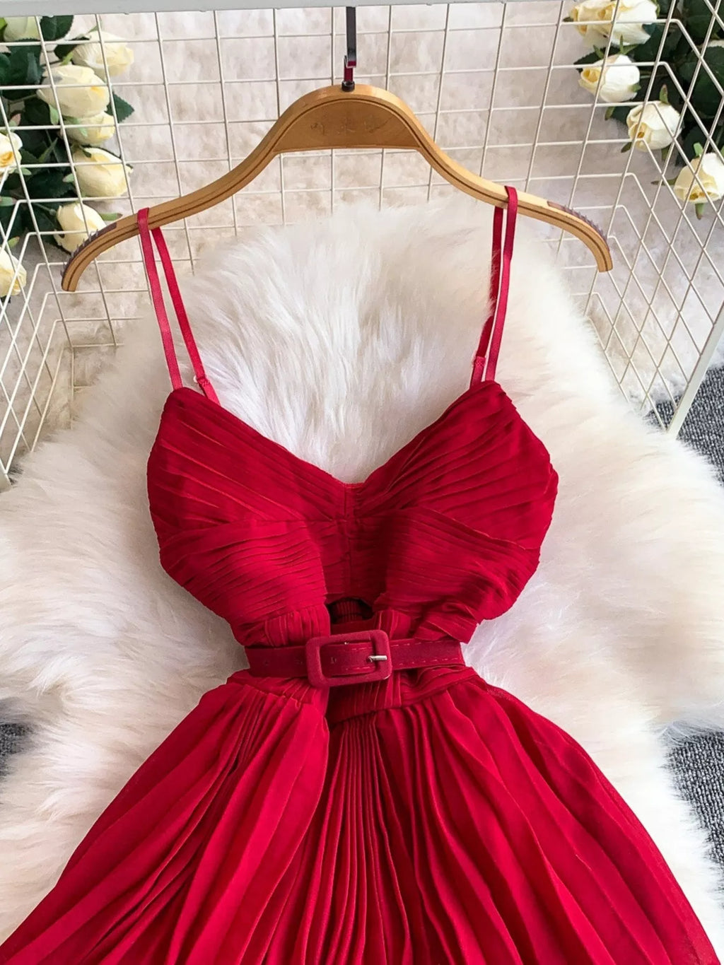 Pleated Layered Spaghetti Strap Midi Dress
