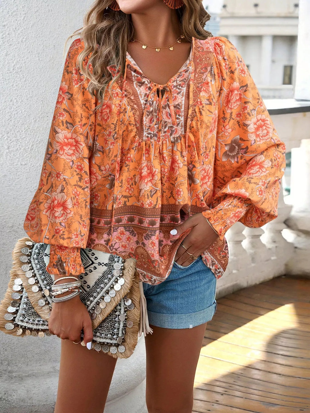 Floral Print Tie Neck Bohemian Blouse