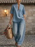 Full Size Half Sleeve Top and Wide Leg Pants Set Plus Size