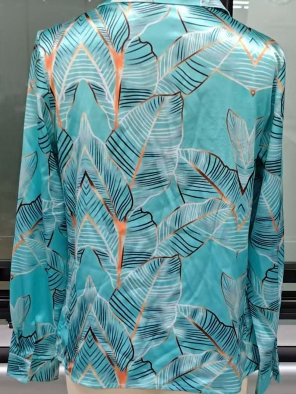 Full Size Satin Leaf Print Button Up Shirt Plus Size
