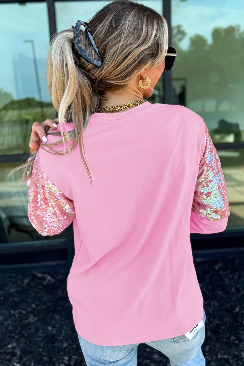 Long Sleeve Sequin Round Neck Pullover Top