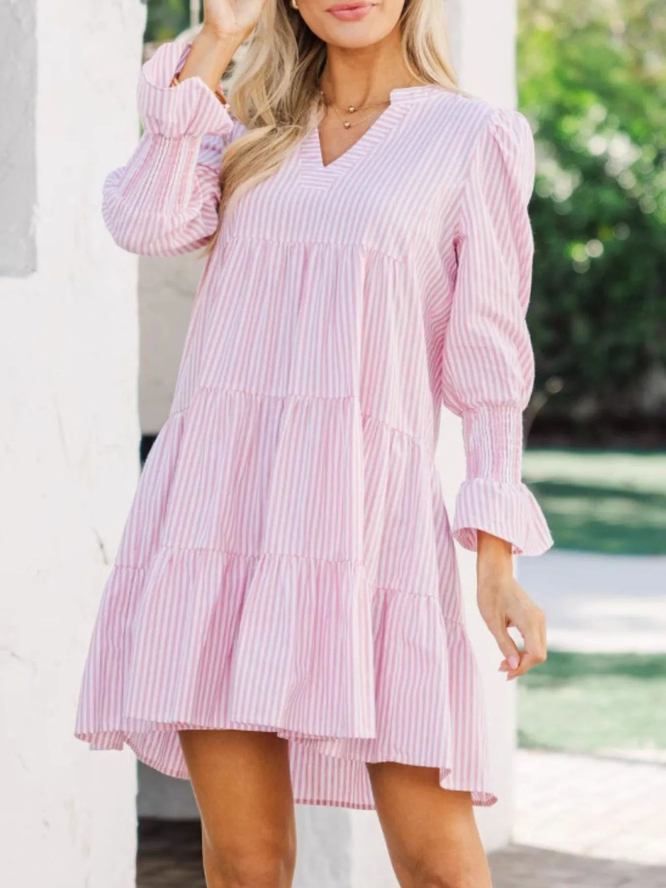 Striped Tiered Flounce Sleeve Shirt Dress