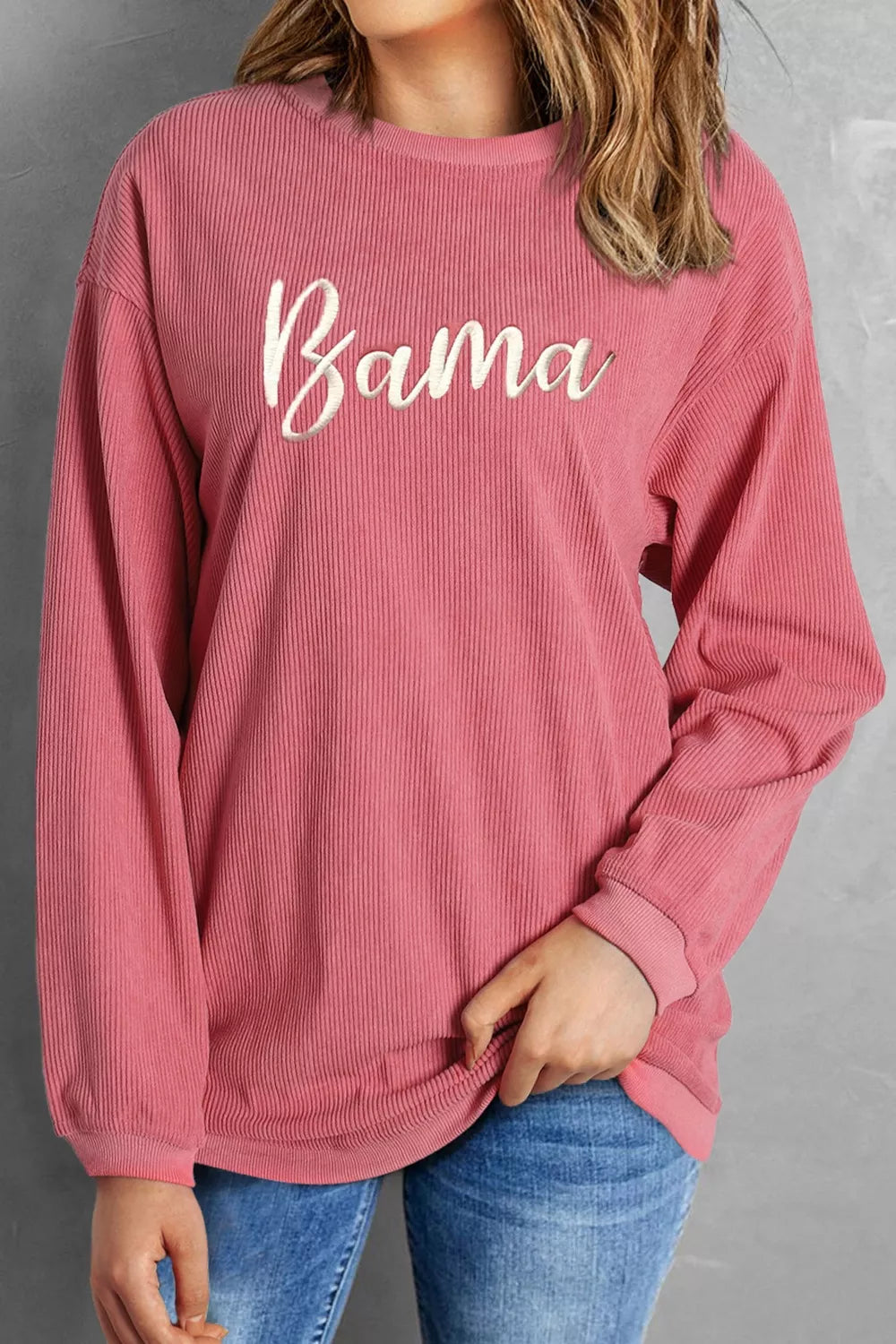 Corded Ribbed Bama Embroidered Letter Graphic Sweatshirt