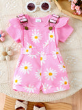 Children's Ruffle Trim Ribbed Top and Daisy Overalls Set