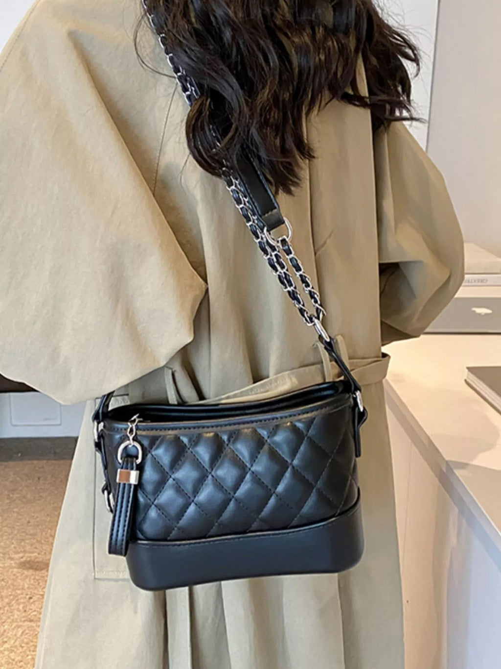 Quilted Bucket Crossbody Bag with Chain Strap