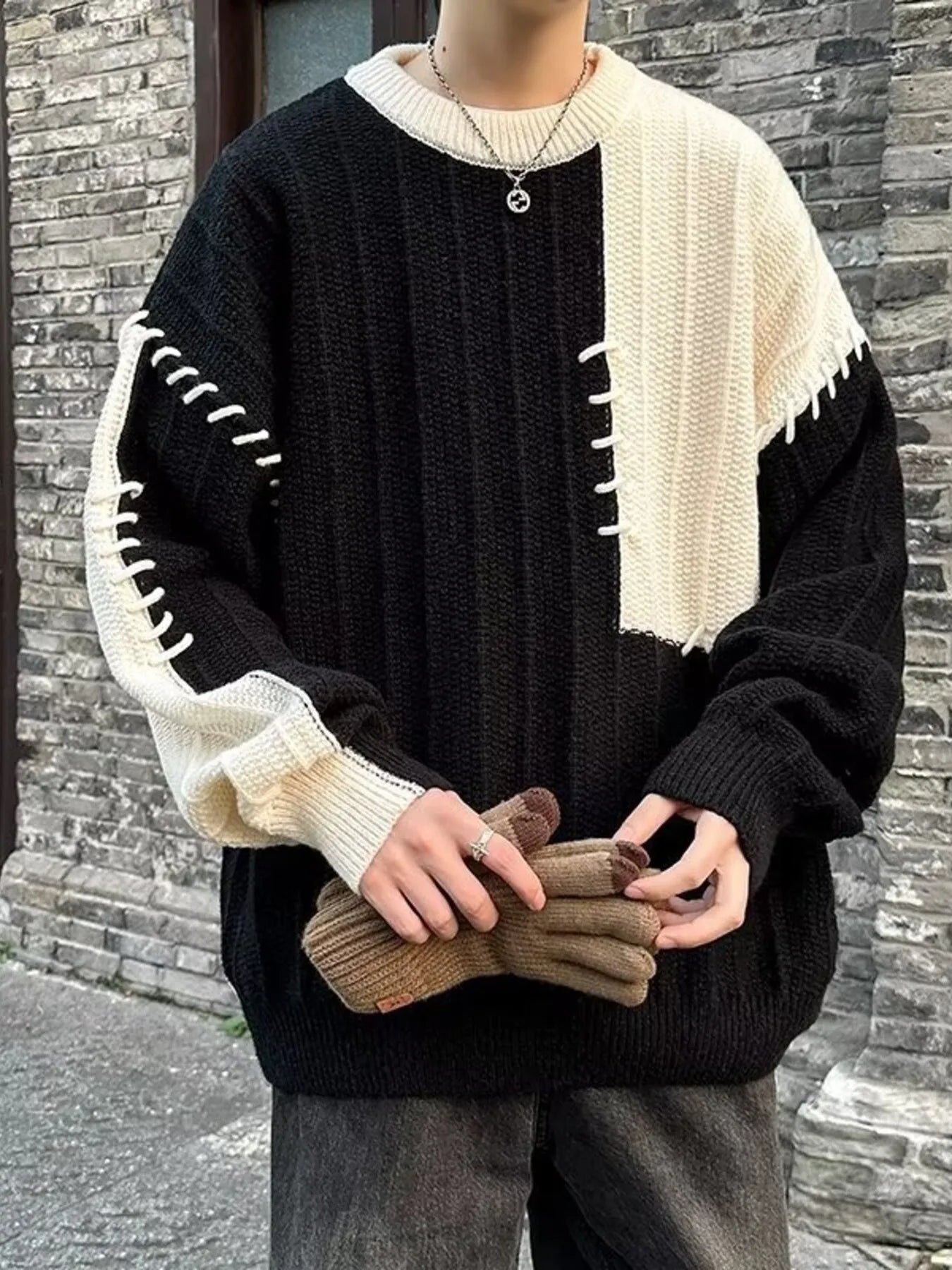 Men's Color Block Round Neck Knitted Pullover