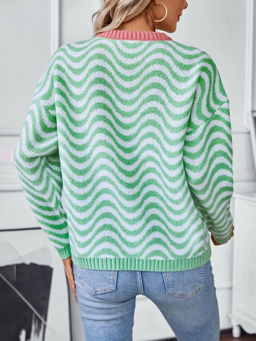 Wavy Striped Round Neck Sweater