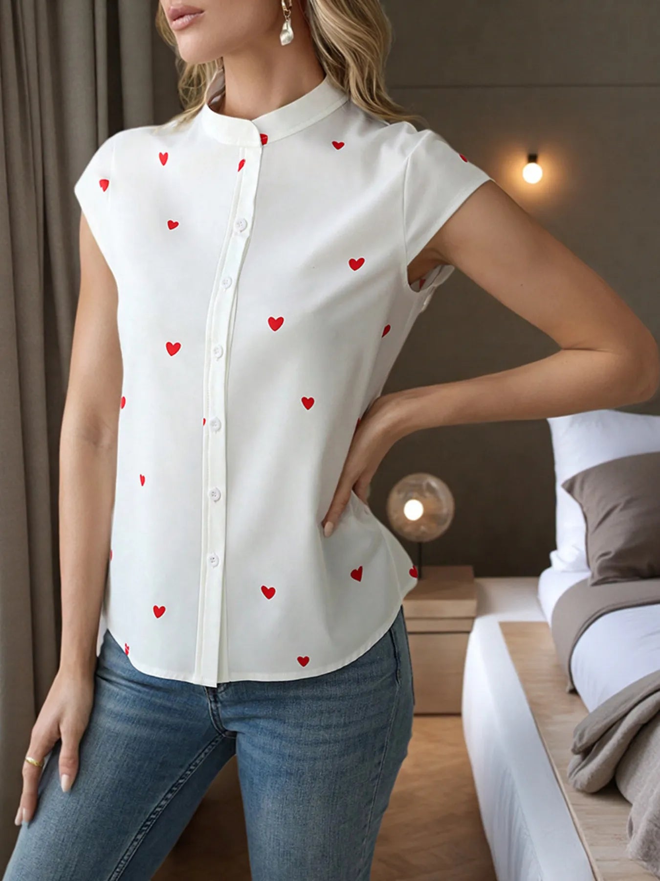 Heart Print Cap Sleeve Button-Up Shirt