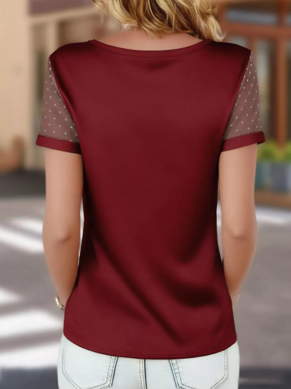 Polka Dot Mesh Sleeve Satin Short Sleeve Top