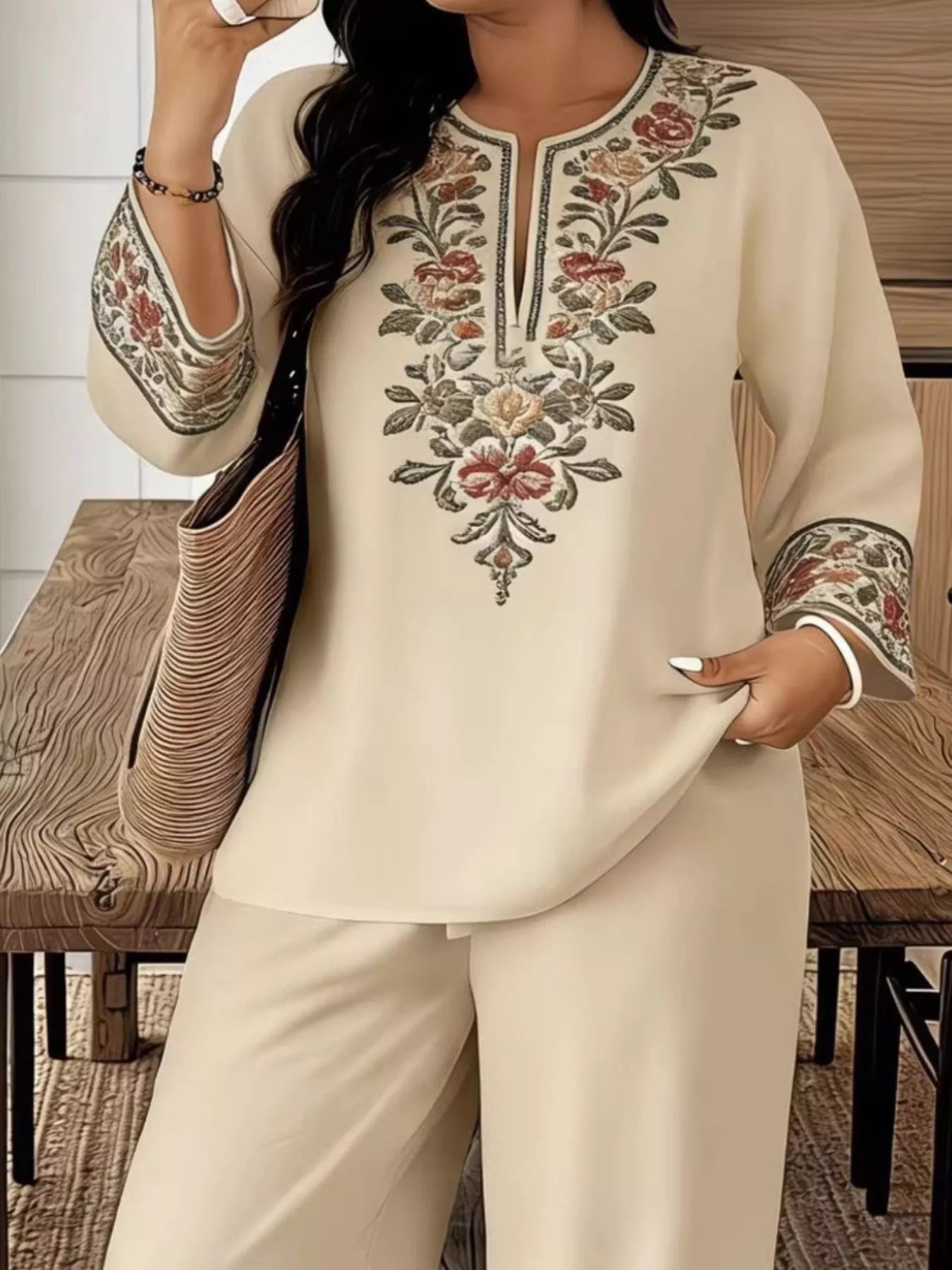 Full Size Embroidered Long Sleeve Top and Pants Set Plus Size