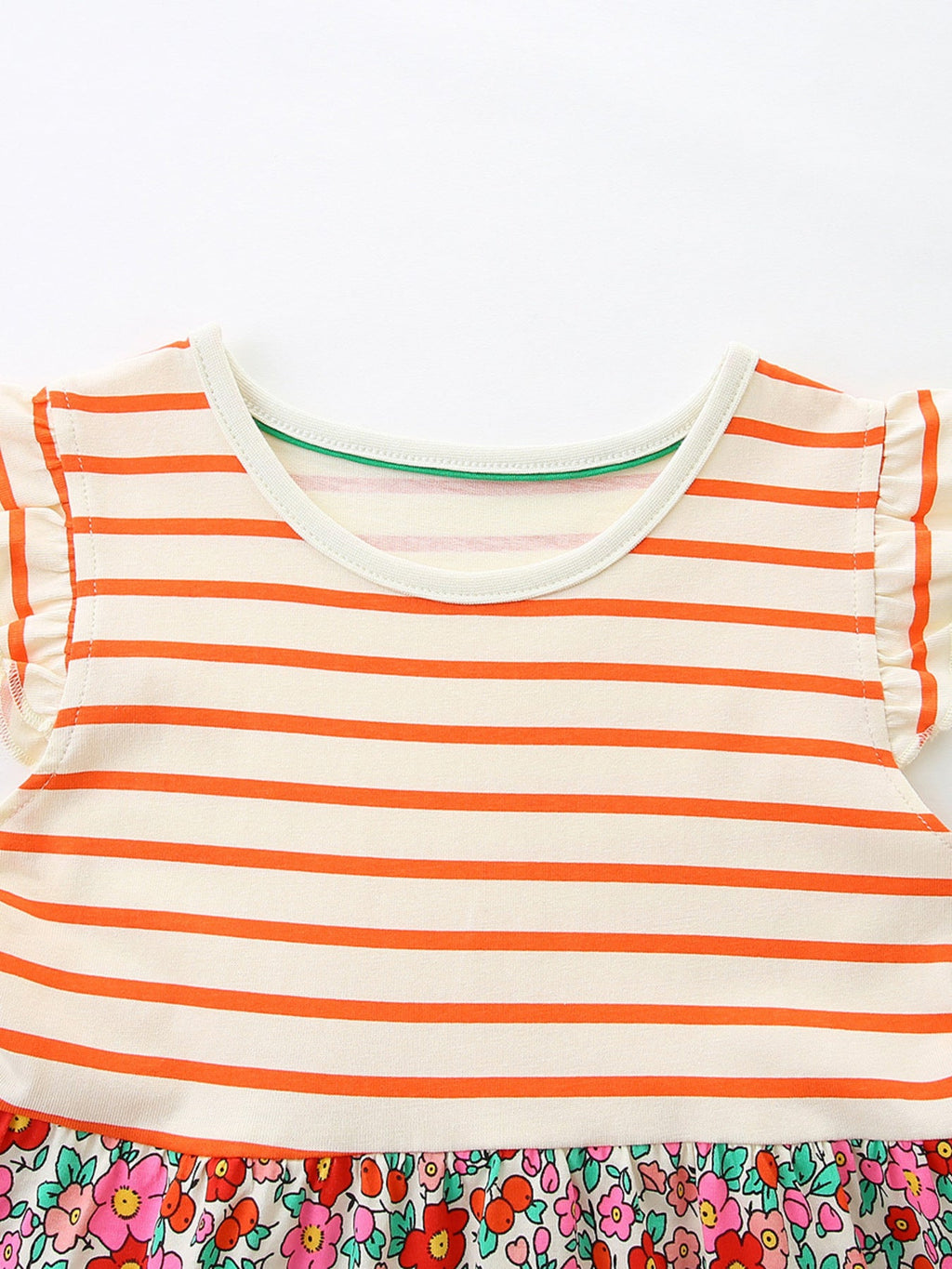 Children's Striped Floral Print Ruffle Sleeve Dress